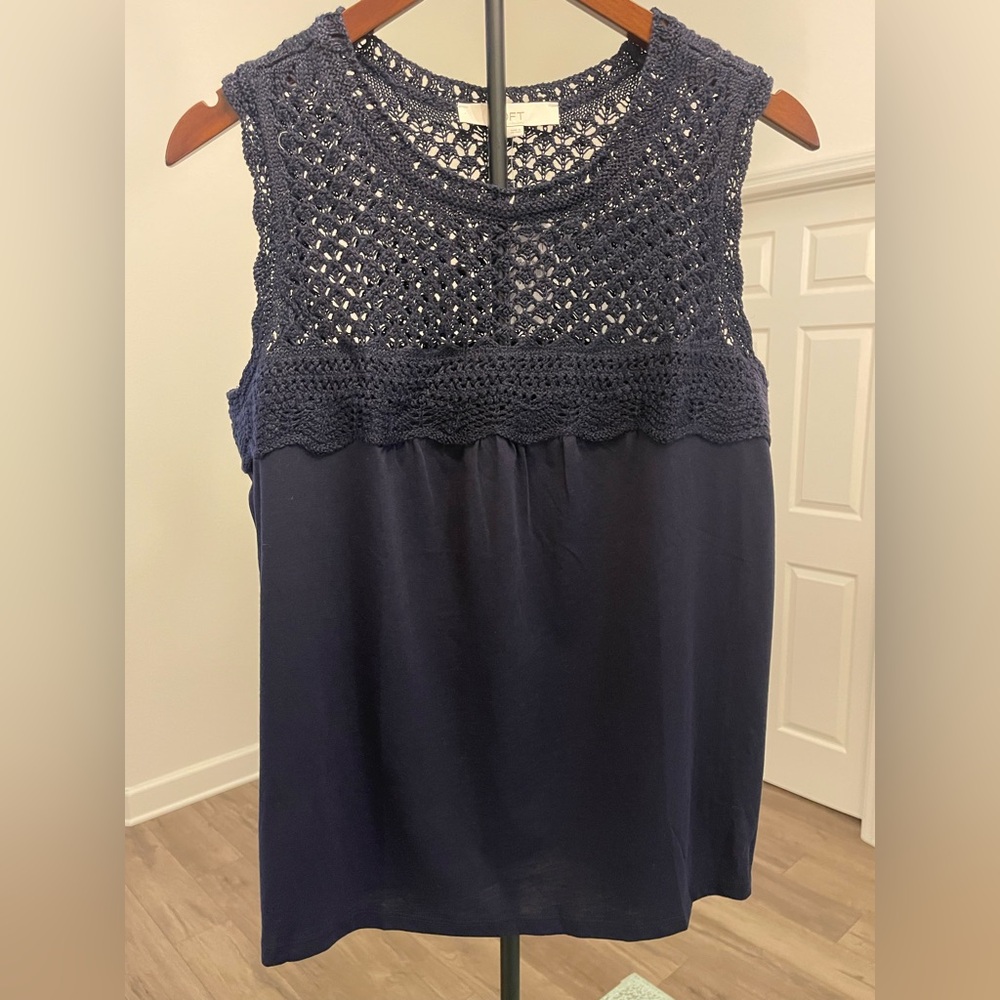 LOFT Navy Sleeveless Crochet Blouse